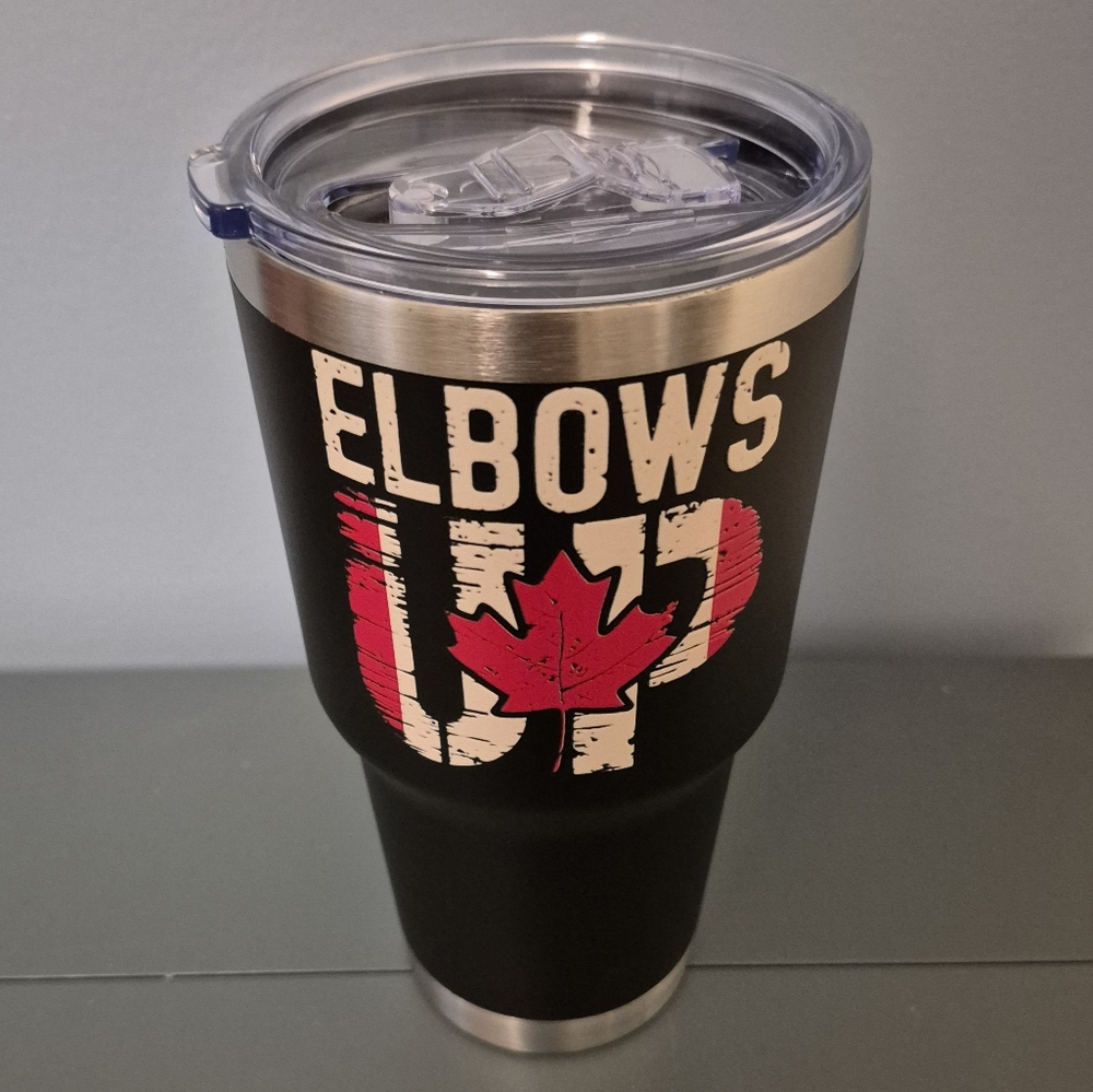 30oz Black Tumbler with Elbows Up Maple Leaf Design